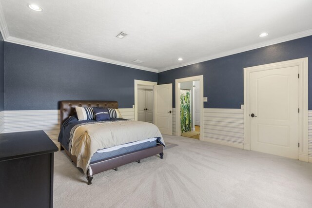 200 Barnes Ln, Branson, MO 65616 - carpeted bedroom featuring crown molding, a wainscoted wall, and recessed lighting