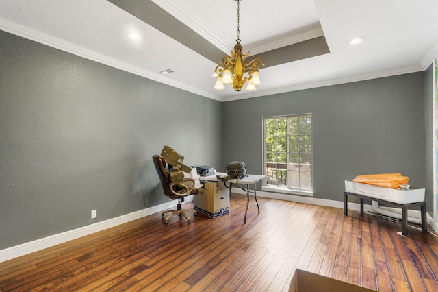 200 Barnes Ln, Branson, MO 65616 - living area featuring a chandelier, hardwood / wood-style floors, an office area, baseboards, and a tray ceiling