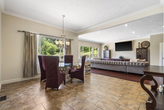 200 Barnes Ln, Branson, MO 65616 - dining room featuring a chandelier, recessed lighting, ornamental molding, baseboards, and stone finish flooring
