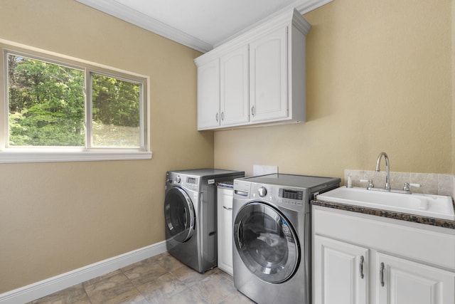 200 Barnes Ln, Branson, MO 65616 - washroom featuring washing machine and clothes dryer, cabinet space, baseboards, and ornamental molding