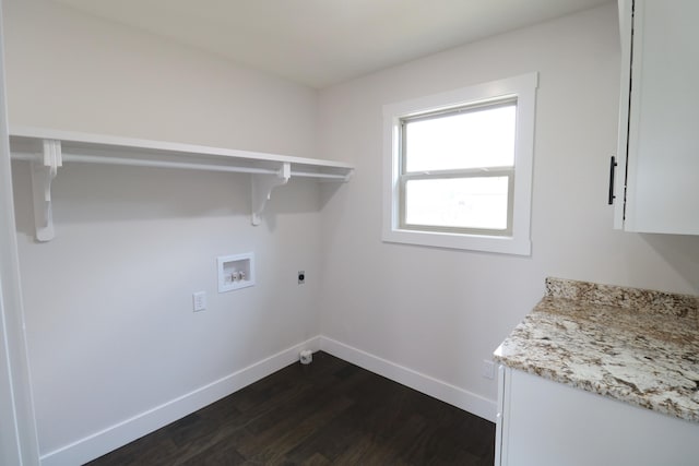 3419 S Suburban Ave, Springfield, MO 65807 - laundry area featuring hookup for a washing machine, dark wood-style flooring, electric dryer hookup, baseboards, and cabinet space