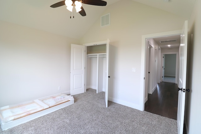 3419 S Suburban Ave, Springfield, MO 65807 - unfurnished bedroom with high vaulted ceiling, carpet flooring, a closet, baseboards, and a ceiling fan