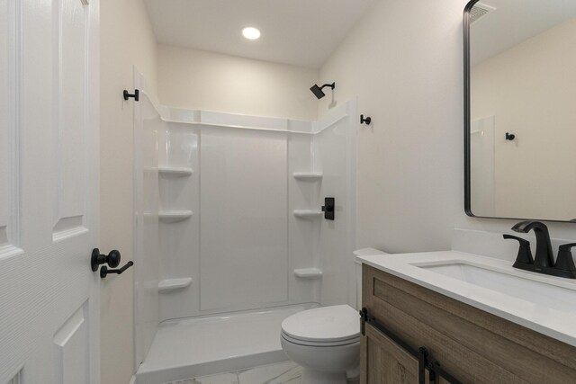 281 N 2nd St, Verona, MO 65769 - full bath featuring vanity, marble finish floors, a shower, toilet, and recessed lighting