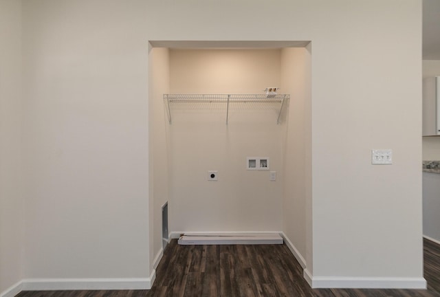 281 N 2nd St, Verona, MO 65769 - laundry room featuring electric dryer hookup, wood finished floors, hookup for a washing machine, and baseboards