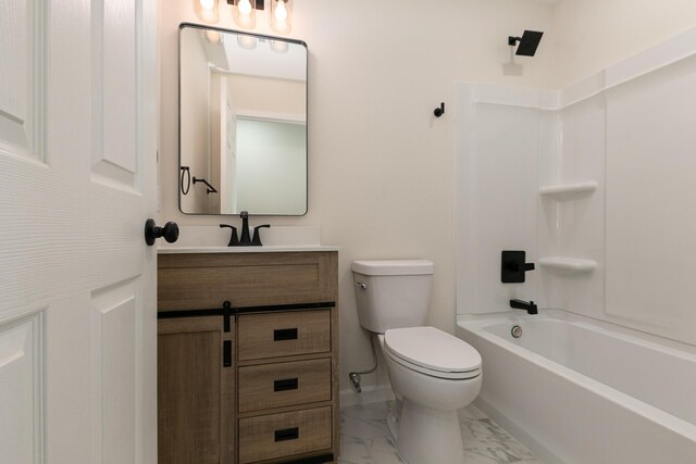 281 N 2nd St, Verona, MO 65769 - bathroom with toilet, vanity, marble finish floors, and shower / bathtub combination