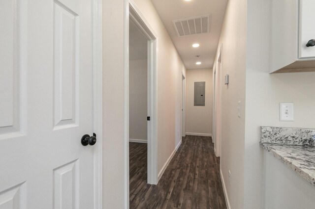 281 N 2nd St, Verona, MO 65769 - hall with dark wood-type flooring, recessed lighting, electric panel, and baseboards