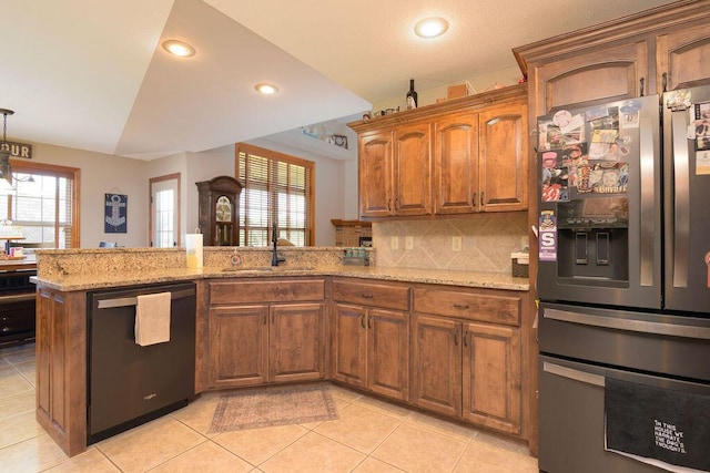 1054 W Itaska Rd, Nixa, MO 65714 - kitchen with stainless steel refrigerator with ice dispenser, dishwashing machine, a peninsula, light stone counters, and recessed lighting