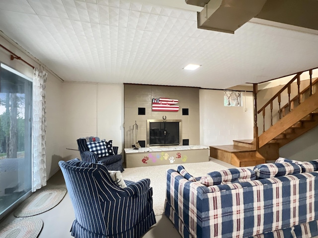 26225 Farm Rd Unit 1209, Eagle Rock, MO 65641 - living room with concrete block wall and stairs