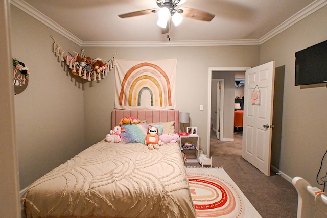 511 C St, Deepwater, MO 64740 - carpeted bedroom with crown molding, a ceiling fan, and baseboards