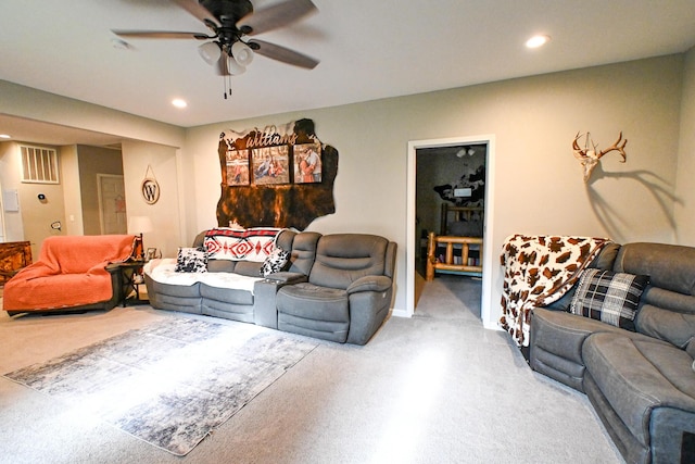 511 C St, Deepwater, MO 64740 - carpeted living room featuring a ceiling fan, recessed lighting, and baseboards