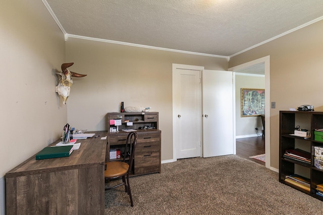 1104 E Buffalo St, Bolivar, MO 65613 - office area with crown molding, carpet floors, a textured ceiling, and baseboards