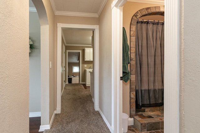 1104 E Buffalo St, Bolivar, MO 65613 - hall with crown molding, a textured wall, arched walkways, carpet floors, and baseboards