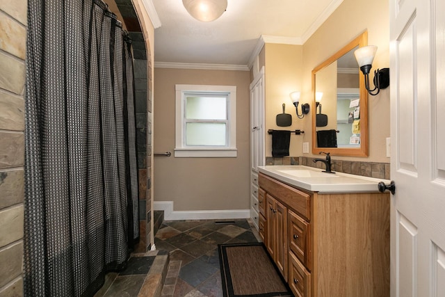 1104 E Buffalo St, Bolivar, MO 65613 - full bath featuring stone tile flooring, vanity, baseboards, ornamental molding, and a shower with curtain