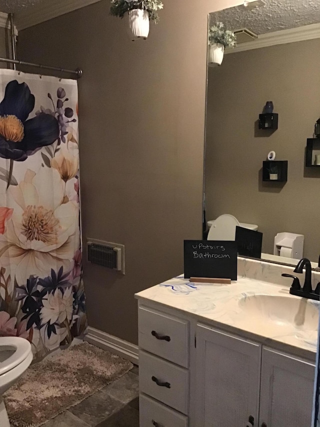310 S 6th St, Thayer, MO 65791 - bathroom with ornamental molding, toilet, vanity, a shower with shower curtain, and baseboards