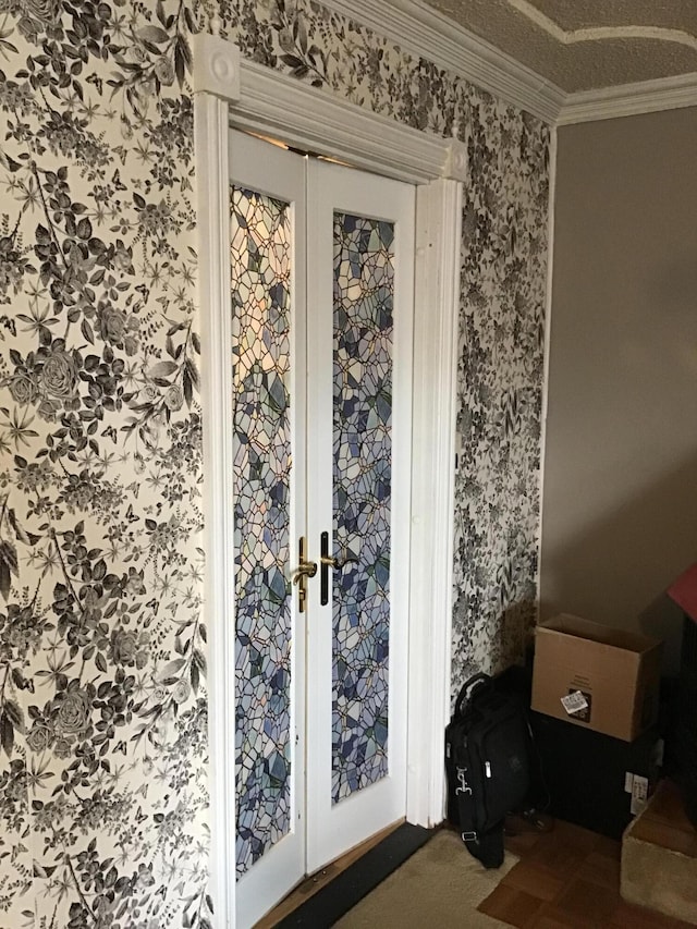 310 S 6th St, Thayer, MO 65791 - doorway to outside featuring wallpapered walls, crown molding, and french doors
