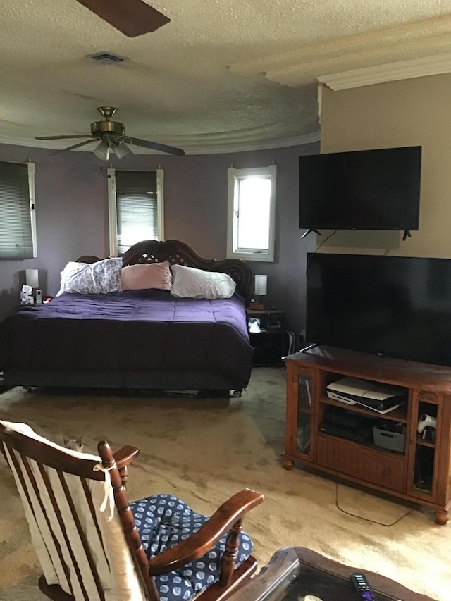 310 S 6th St, Thayer, MO 65791 - bedroom with ornamental molding, a textured ceiling, carpet flooring, and ceiling fan
