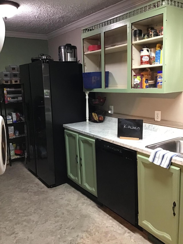 310 S 6th St, Thayer, MO 65791 - kitchen with green cabinets, black appliances, ornamental molding, open shelves, and washer / clothes dryer