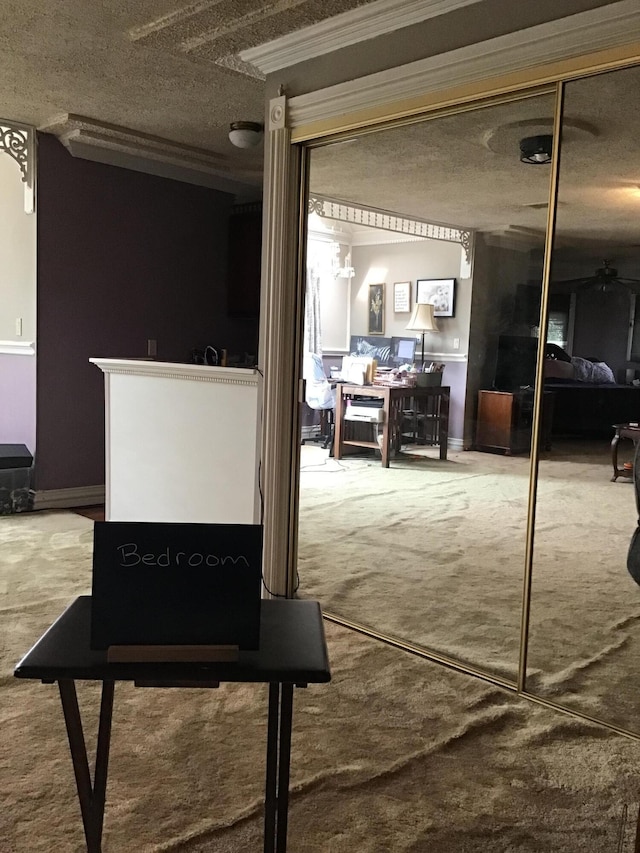 310 S 6th St, Thayer, MO 65791 - detailed view of carpet flooring, a desk, ornamental molding, a textured ceiling, and baseboards