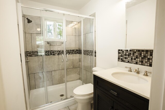 1443 6th St, West Plains, MO 65775 - bathroom with toilet, vanity, a shower stall, and decorative backsplash