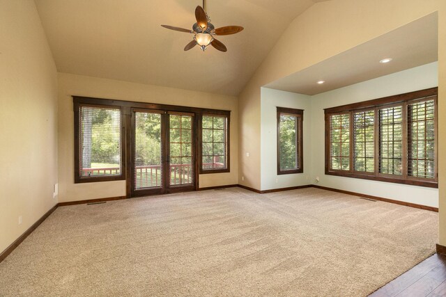 184 Appaloosa Trl, Saddlebrooke, MO 65630 - carpeted spare room with plenty of natural light, baseboards, vaulted ceiling, and a ceiling fan