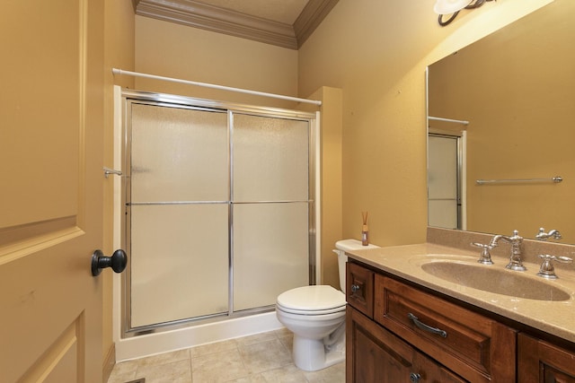 184 Appaloosa Trl, Saddlebrooke, MO 65630 - full bathroom featuring crown molding, vanity, a shower stall, toilet, and tile patterned floors