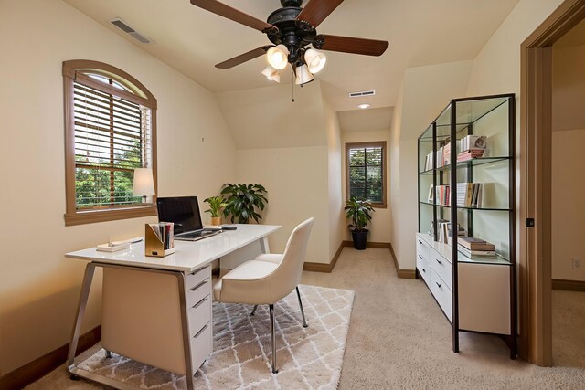 184 Appaloosa Trl, Saddlebrooke, MO 65630 - office area featuring baseboards, a ceiling fan, light colored carpet, and vaulted ceiling