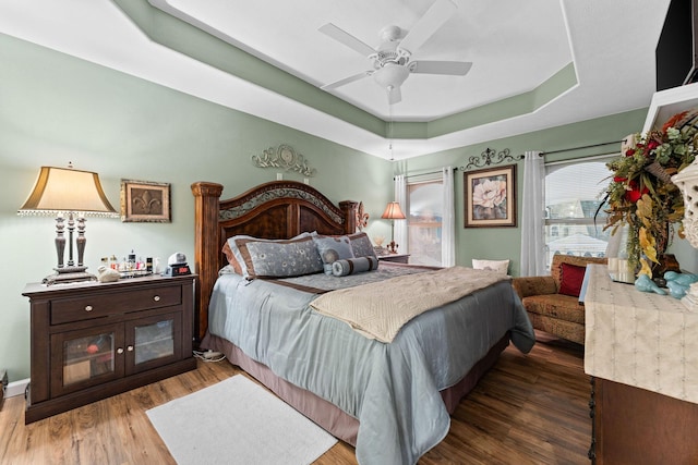 180 Grace Chapel Rd, Blue Eye, MO 65611 - bedroom featuring a tray ceiling, wood finished floors, ceiling fan, and baseboards