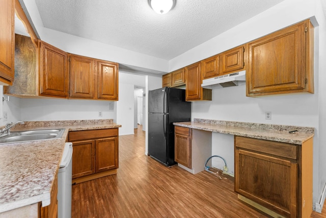 111-141 Gooseberry Ct, Branson, MO 65616 - kitchen with freestanding refrigerator, dark wood-style flooring, a sink, under cabinet range hood, and light countertops