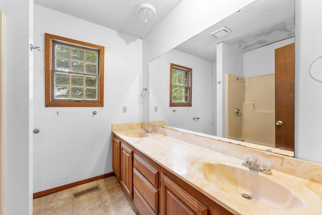 111-141 Gooseberry Ct, Branson, MO 65616 - bathroom with double vanity, healthy amount of natural light, baseboards, a textured ceiling, and a shower