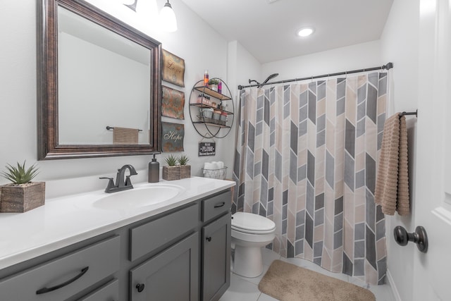 205 Seigenbein Rd, Saint Robert, MO 65584 - bathroom with vanity, toilet, a shower with shower curtain, tile patterned flooring, and recessed lighting