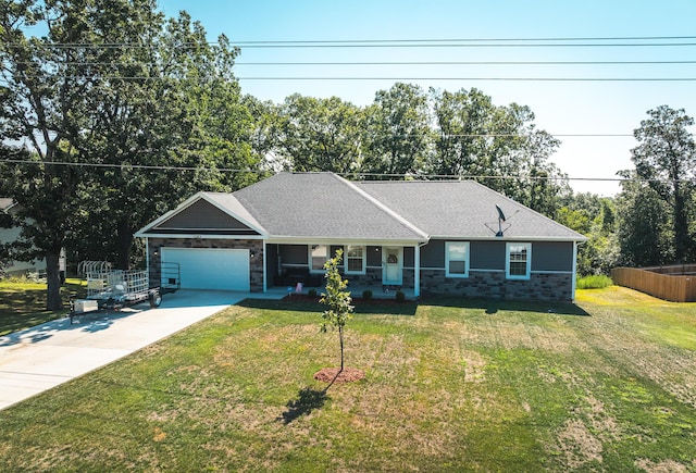 205 Seigenbein Rd, Saint Robert, MO 65584 - ranch-style home with an attached garage, driveway, stone siding, a porch, and roof with shingles