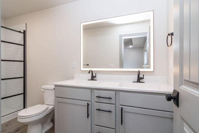 198 Michaels Dr, Hollister, MO 65672 - bathroom featuring double vanity, toilet, a stall shower, and wood finished floors