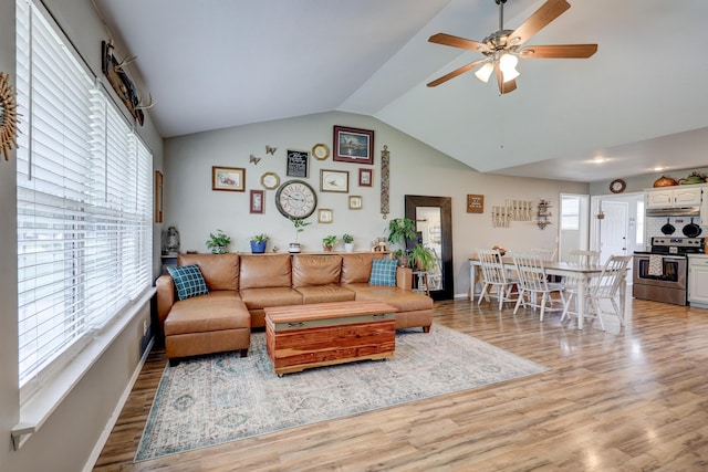 307 Azalea St, Duenweg, MO 64841 - living room with ceiling fan, lofted ceiling, light wood-style floors, and baseboards