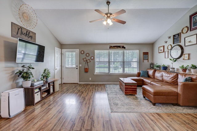307 Azalea St, Duenweg, MO 64841 - living room featuring lofted ceiling, wood finished floors, ceiling fan, and baseboards