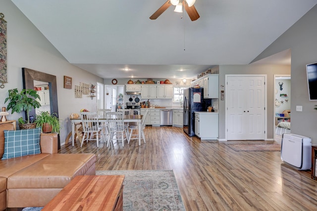 307 Azalea St, Duenweg, MO 64841 - living room with vaulted ceiling, a ceiling fan, and light wood-type flooring