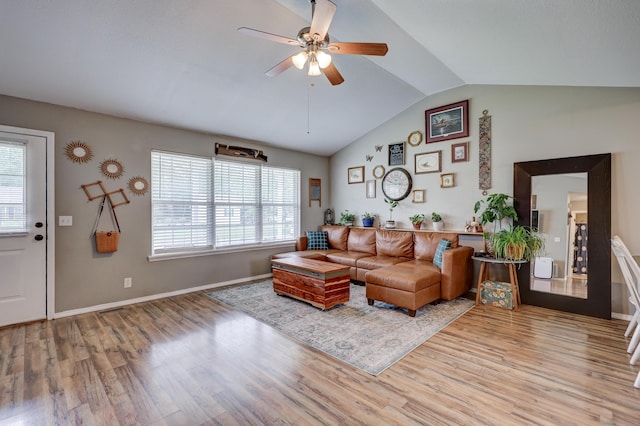 307 Azalea St, Duenweg, MO 64841 - living area with lofted ceiling, light wood finished floors, a ceiling fan, and baseboards