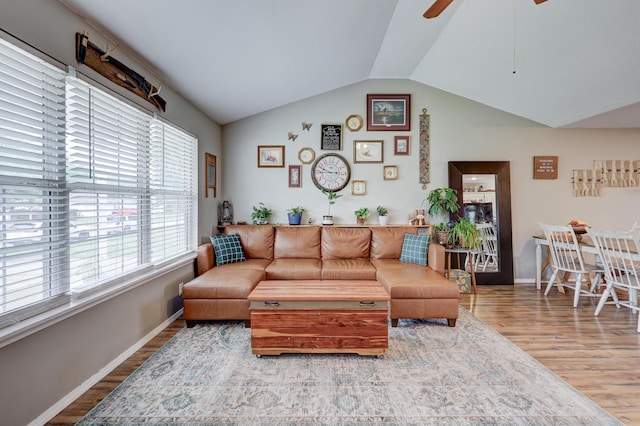 307 Azalea St, Duenweg, MO 64841 - living room with wood finished floors, lofted ceiling, a ceiling fan, and baseboards