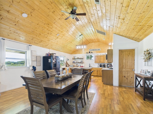 14164 Holmes Rd, Cabool, MO 65689 - dining room featuring wooden ceiling, lofted ceiling, light wood-style floors, a ceiling fan, and baseboards
