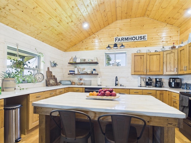 14164 Holmes Rd, Cabool, MO 65689 - kitchen featuring lofted ceiling, wooden ceiling, light countertops, a sink, and wood walls
