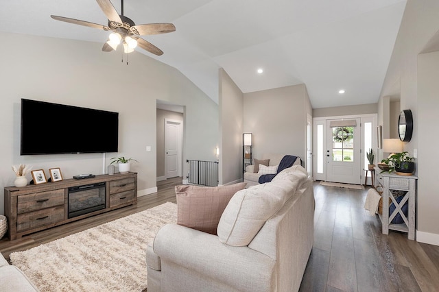 2025 Diego Ct, Bolivar, MO 65613 - living room featuring lofted ceiling, wood finished floors, ceiling fan, and baseboards