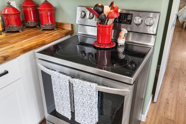 132 Nature Trail Ln, Noel, MO 64854 - kitchen view of stainless steel electric range oven, wood finished floors, and wood counters