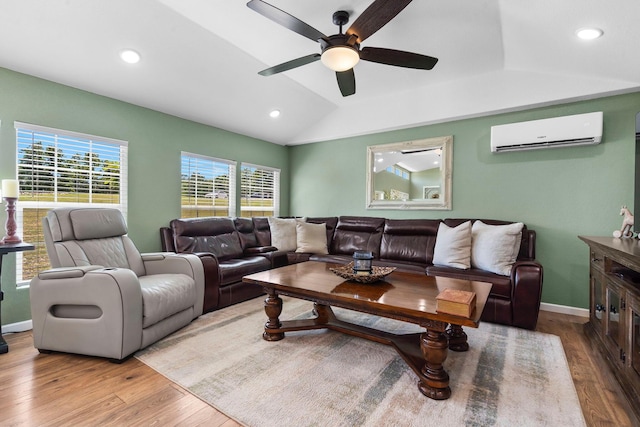 132 Nature Trail Ln, Noel, MO 64854 - living room featuring an AC wall unit, ceiling fan, wood finished floors, lofted ceiling, and recessed lighting
