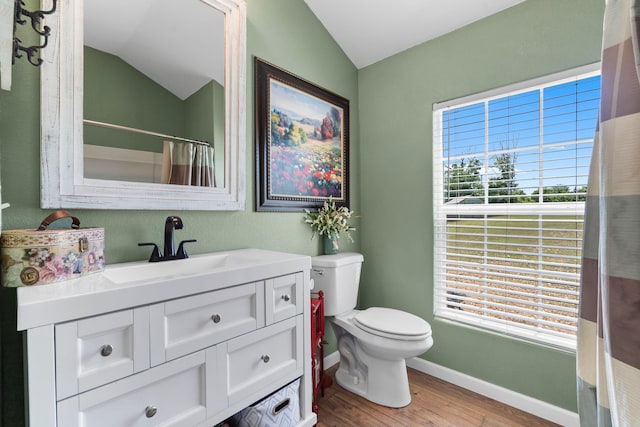 132 Nature Trail Ln, Noel, MO 64854 - bathroom featuring lofted ceiling, wood finished floors, toilet, vanity, and baseboards