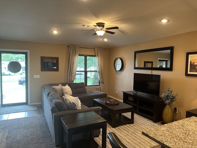 2818 E 16th St, Joplin, MO 64804 - tiled living room featuring a ceiling fan, recessed lighting, and baseboards