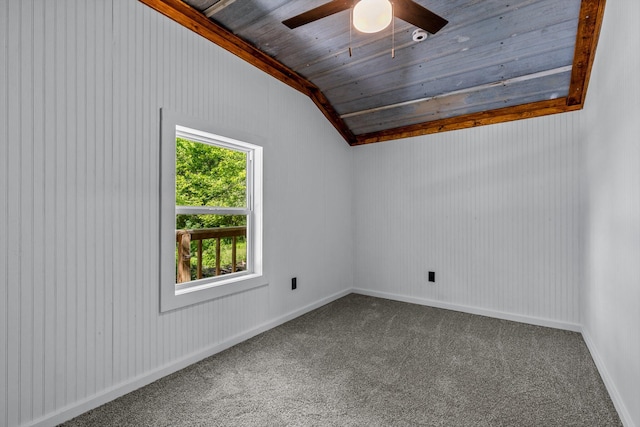 305 S Rock Ave, Mansfield, MO 65704 - carpeted spare room with lofted ceiling, wooden ceiling, a ceiling fan, and baseboards