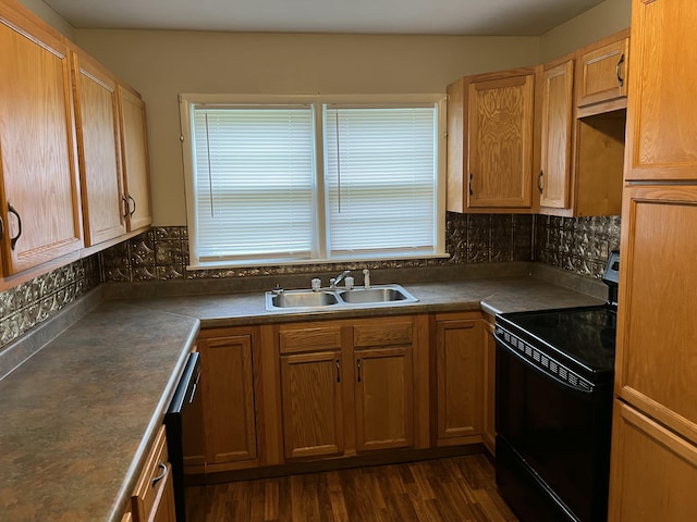 101 W Pennsylvania Ave, Mansfield, MO 65704 - kitchen with black / electric stove, a sink, backsplash, and dark wood finished floors