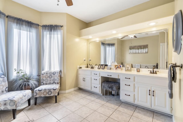 3909 W Eaglecrest St, Battlefield, MO 65619 - full bath featuring ceiling fan, double vanity, tile patterned flooring, baseboards, and recessed lighting