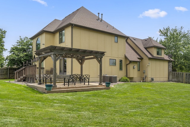 3909 W Eaglecrest St, Battlefield, MO 65619 - back of property with a pergola, a patio, a shingled roof, board and batten siding, and central AC
