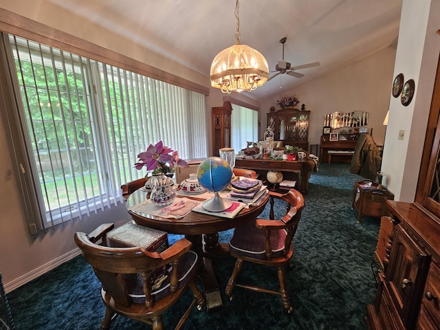 9726 County Road 8530, West Plains, MO 65775 - dining space with carpet floors, a chandelier, lofted ceiling, a ceiling fan, and baseboards