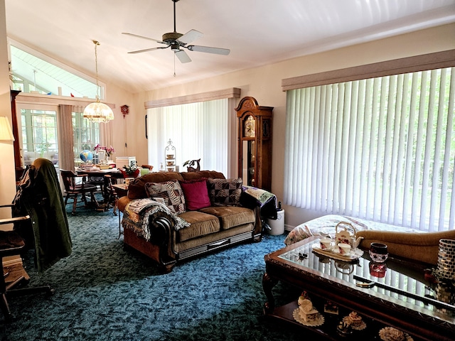 9726 County Road 8530, West Plains, MO 65775 - living area with carpet, a chandelier, a ceiling fan, and lofted ceiling